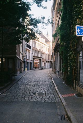 A narrow cobblestone street between old buildings with ivy, a blue pedestrian sign on the right.