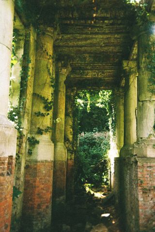 Looking through a ruined colonnade of brick and stone pillars overgrown with ivy towards green trees.